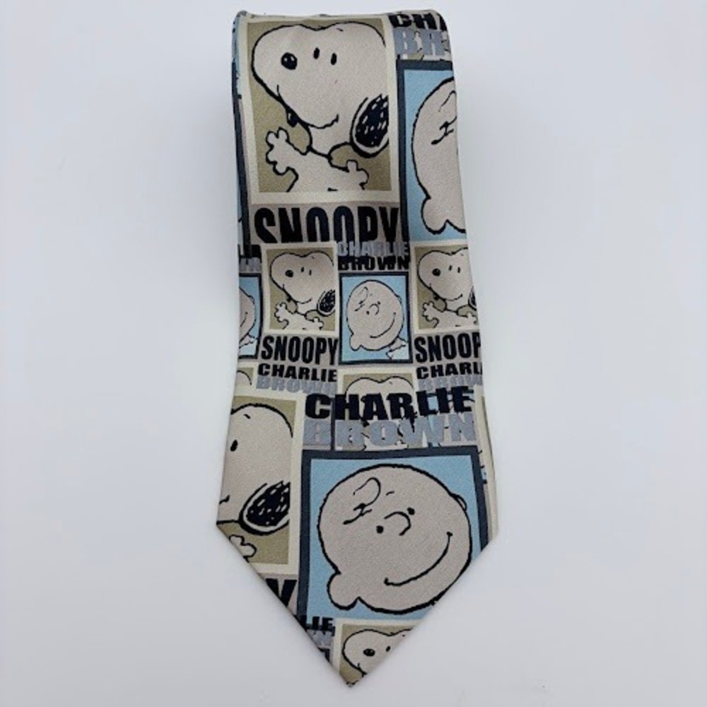 Peanuts Necktie Mens OS Tan Blue Snoopy Charlie Brown Silk Character Print Tie
